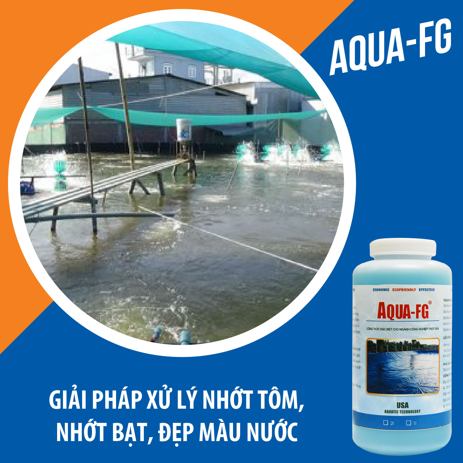 AQUA FG Vi sinh tẩy nhớt bạt, tẩy rong rêu, màng chất béo ao nuôi tôm - Chai 1 lít