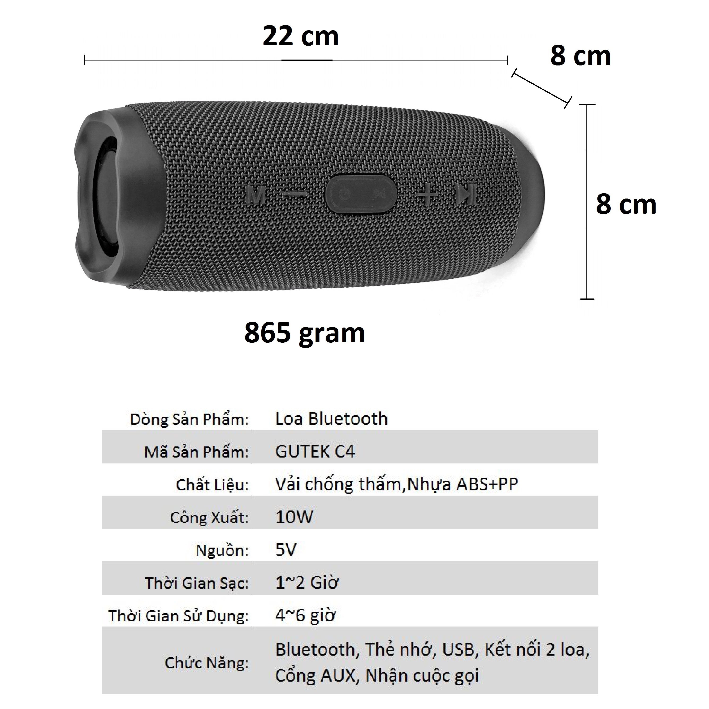 Loa Bluetooth GUTEK C4 Chống Thấm Nước, Nghe Nhạc Cầm Tay Không Dây, Âm Bass Cực Hay, Âm Thanh Sống Động, Hỗ Trợ Kết Nối Bluetooth 4.0, Cắm USB, Thẻ Nhớ, Cổng 3.5, Nhiều Màu Sắc - Hàng chính hãng