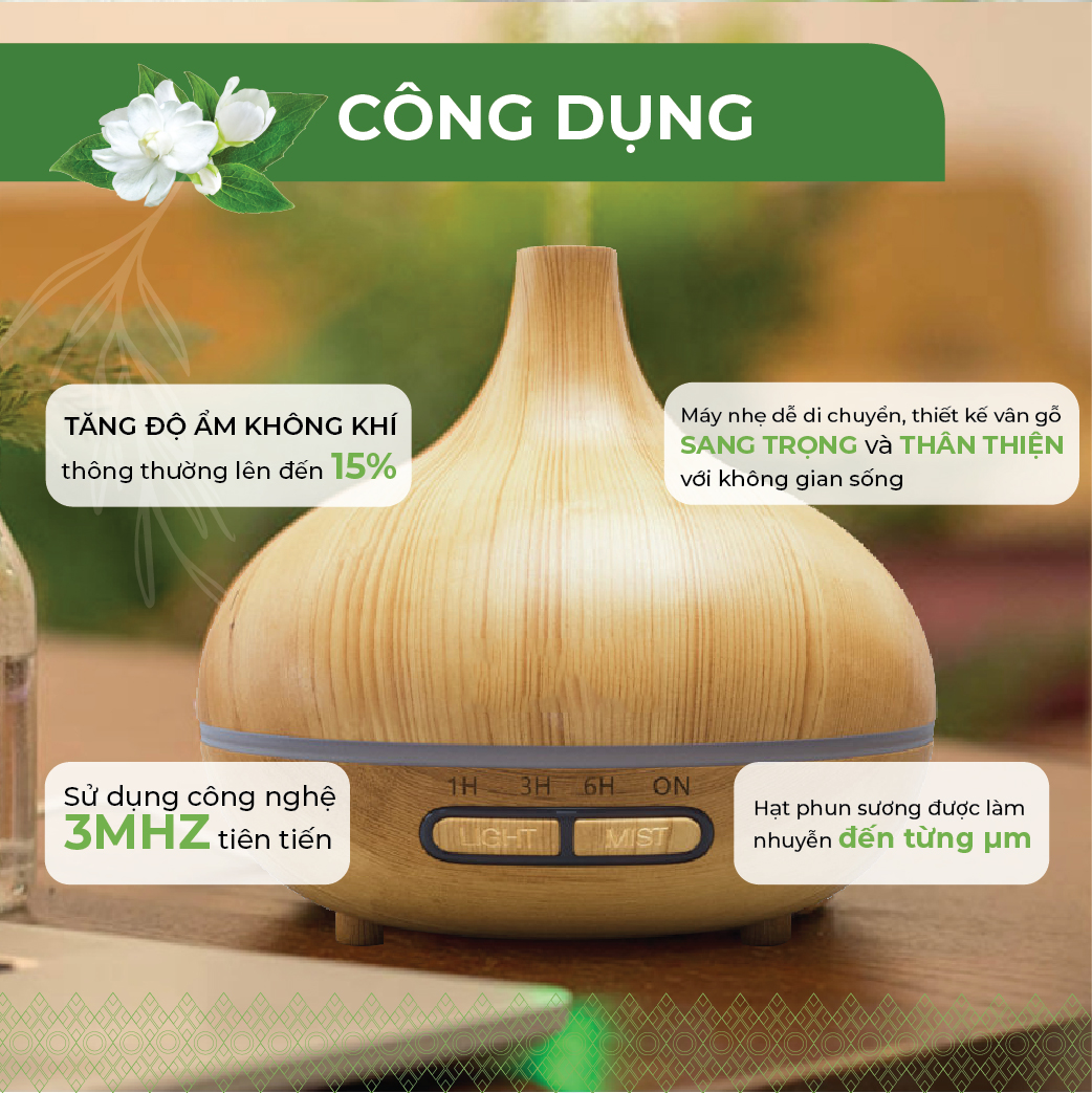 Máy khuếch tán Tinh Dầu 24Care Cổ Cao màu Vàng Ultrasonic 500ml, Tặng 3 Chai Tinh dầu Sả Chanh + Bạc Hà + Oải Hương 24Care 10ml | Xông Phòng | Kèm Remote Điều Khiển |Công nghệ siêu âm tiên tiến.