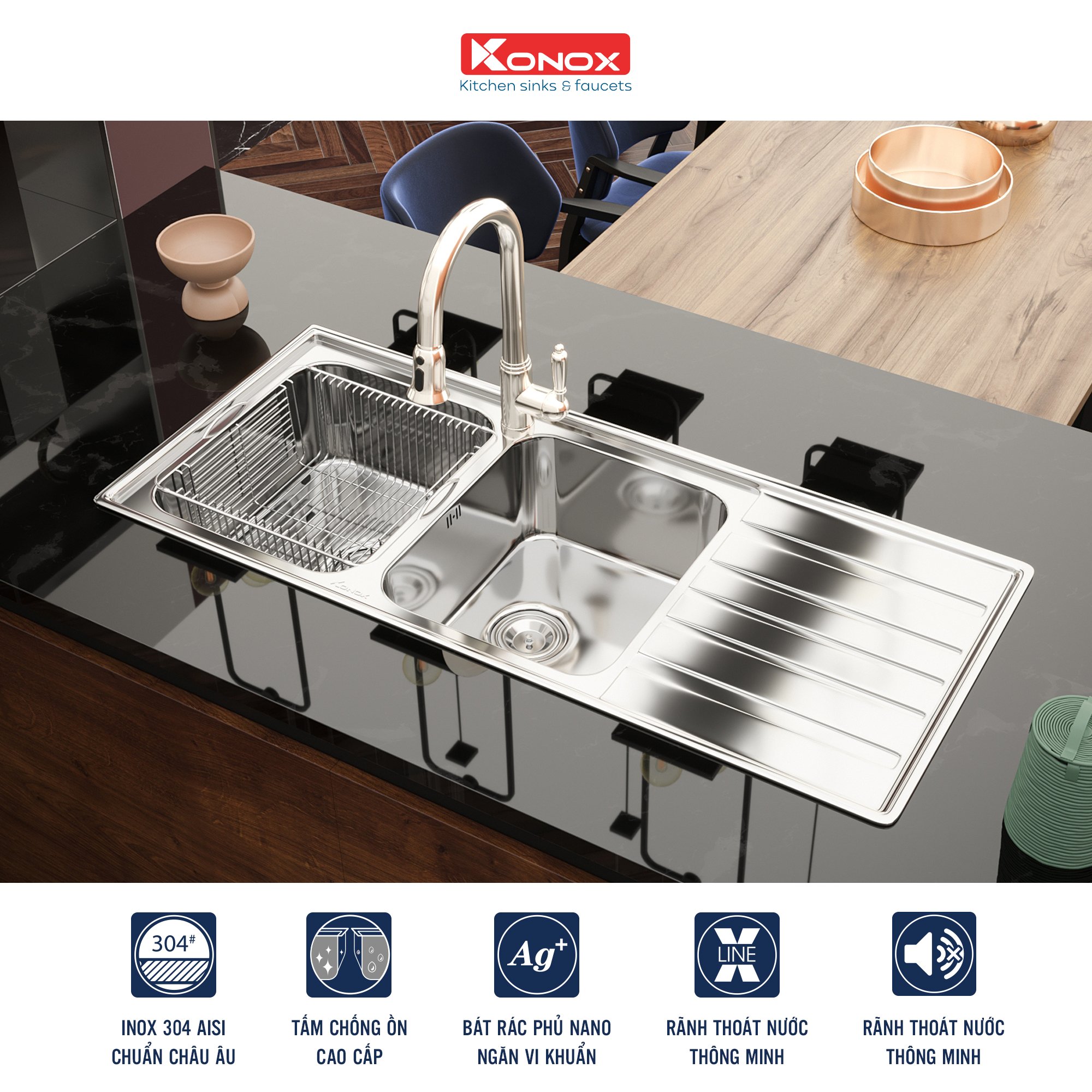 Chậu rửa bát Konox, European Series, Model Artusi KS11650 1D , Inox 304AISI tiêu chuẩn châu Âu, 1160x500x215(mm), Hàng chính hãng