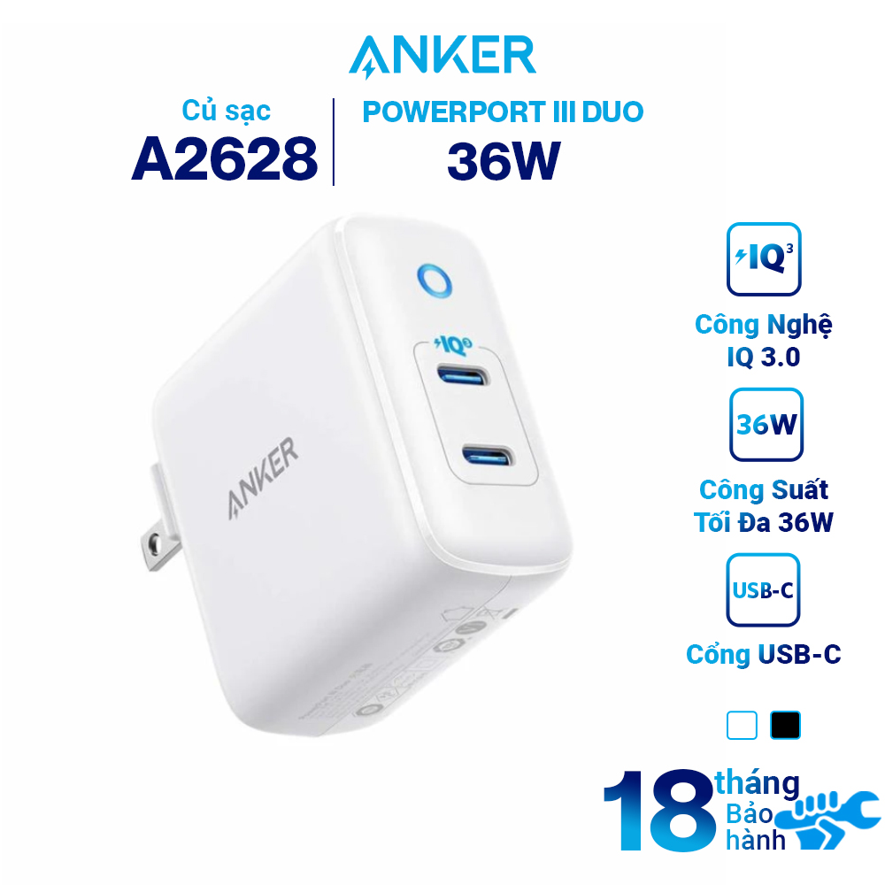 Adapter Sạc 2 Cổng USB Type-C Anker PowerPort III Duo 36W - A2628 - Hàng Chính Hãng