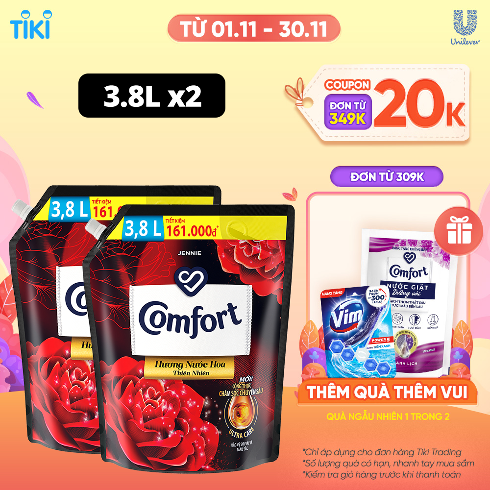 Combo 2 Túi Nước xả làm mềm vải Comfort Hương Nước Hoa Thiên Nhiên Jennie Túi 3.7L