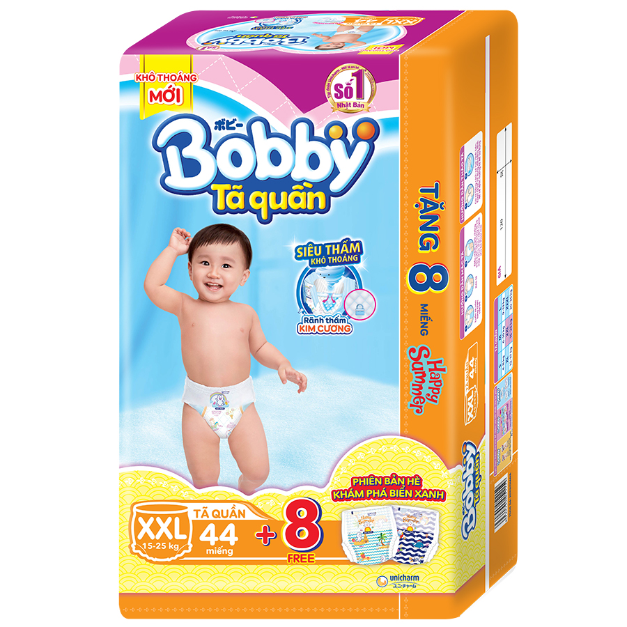 Tã Quần Bobby Gói Siêu Lớn XXL44 (44 Miếng) + 8 Miếng Cùng Size