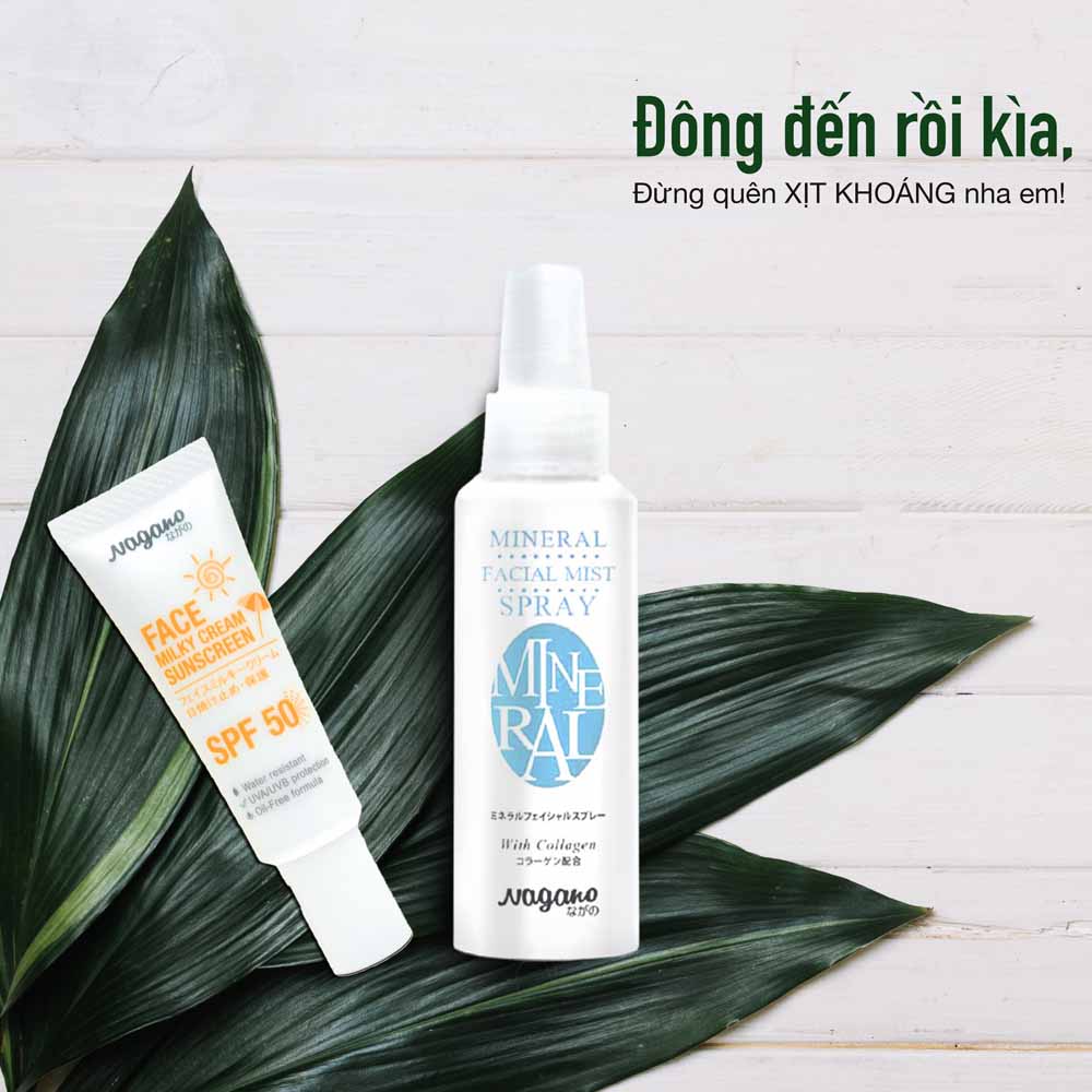 Combo Kem Chống Nắng 20ml Và Xịt Khoáng Collagen 100ml Nagano Japan - MINERAL FACIAL MIST SPRAY & FACE MILKY CREAM SUNSCREEN Nagano - Bổ sung chất dinh dưỡng và giúp da chống nắng