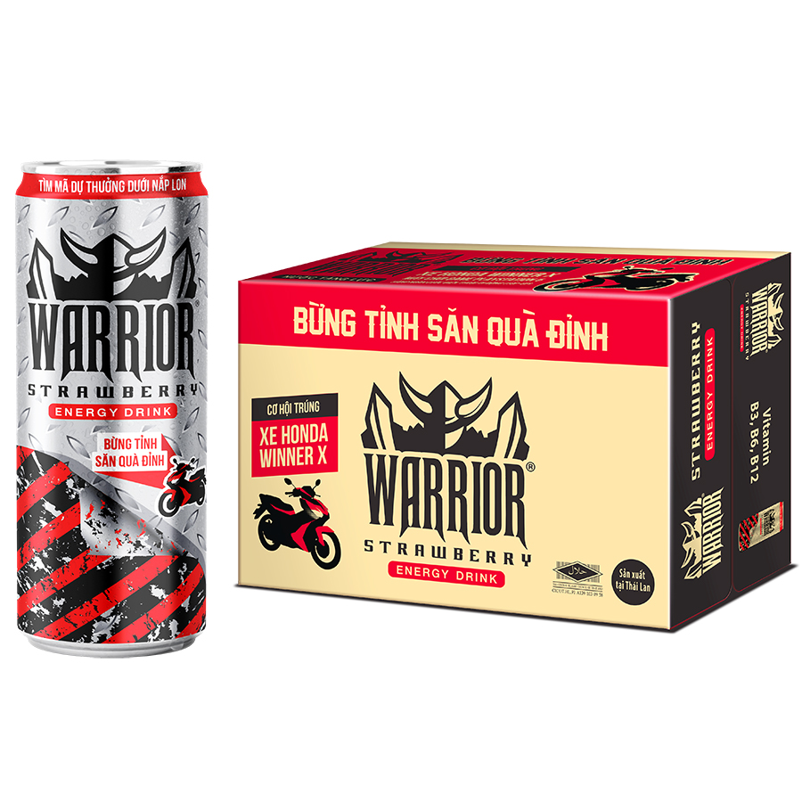 Thùng 24 Lon Nước Tăng Lực Có Gas Warrior Vị Dâu 325ml