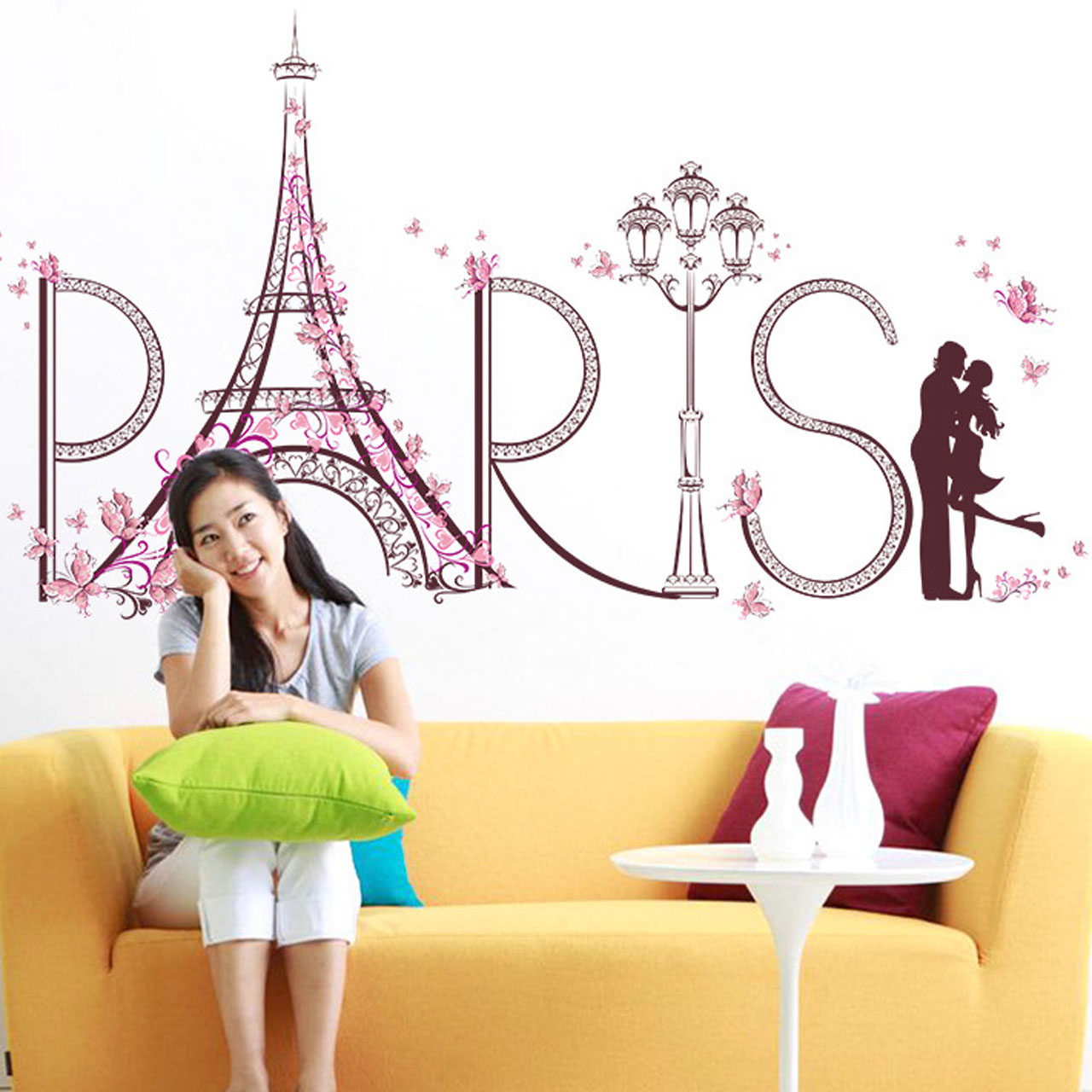 Decal dán tường trang trí phòng khách, phòng cưới- Tháp paris tình yêu-mã sp SK9007