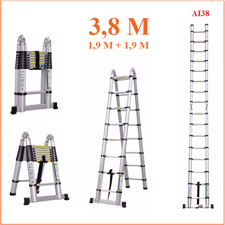 Thang Nhôm Rút Đa Năng 3m8 NKT-AI38E - Hàng Chính Hãng NIKITA - Công Nghệ Tiên Tiến Nhật Bản - Tiêu Chuẩn Châu Âu