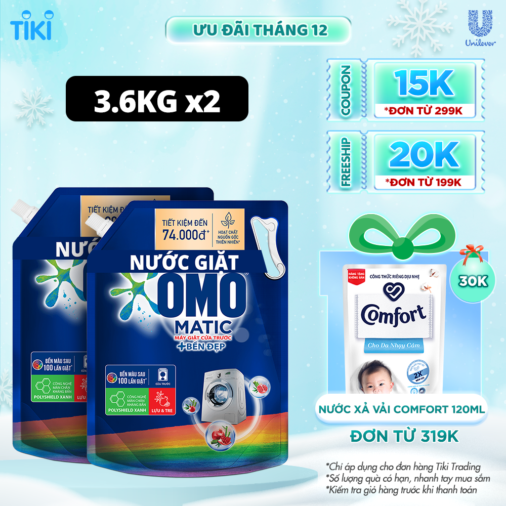 Combo 2 TúI Nước Giặt Omo Matic Cho Máy Giặt Cửa Trước Bền Đẹp Bền Màu Sau 100 Lần Giặt 3.6Kg