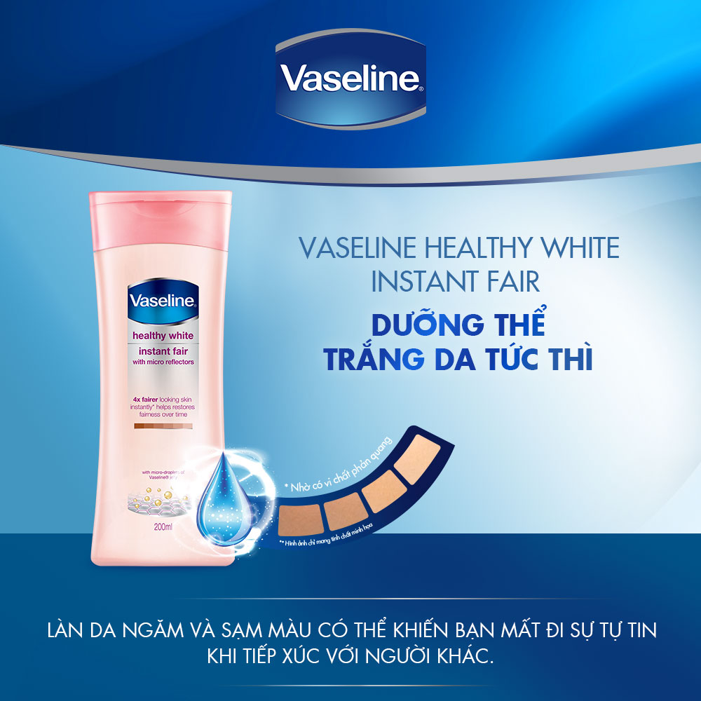 Sữa Dưỡng Thể Vaseline Instant Radiance Sáng Da Gấp 4 Lần Với Vi Chất Phản Quang Cho Da Sáng Khỏe Mịn Màng 200ml