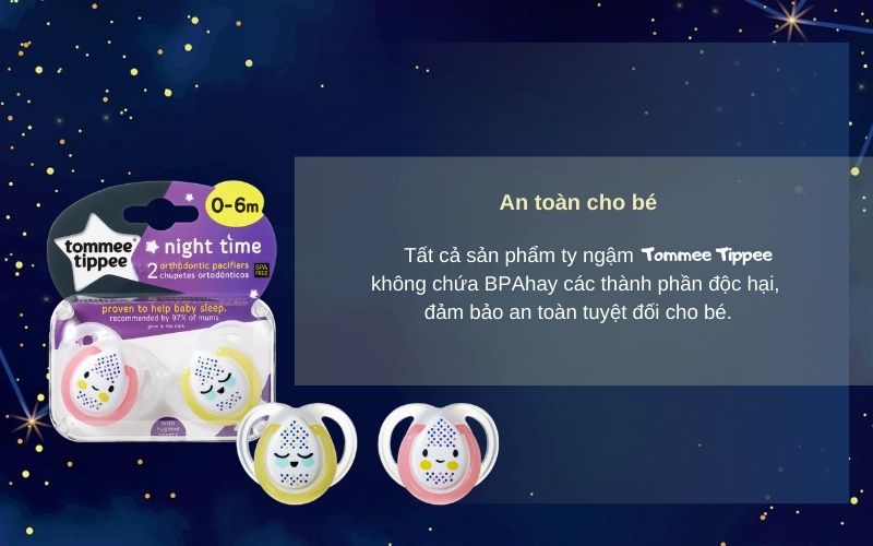 Ty ngậm dạ quang cho bé Tommee Tippee Night Time 0-6 tháng (vỉ 2 cái) - Vàng/Hồng