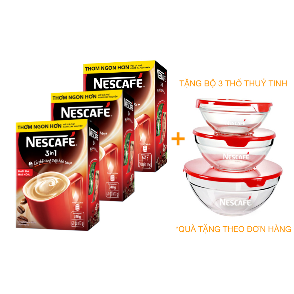 Combo 3 cà phê rang xay hòa tan Nescafé 3in1 đậm đà hài hòa (Hộp 15 gói x 17g) [Bộ 3 thố thuỷ tinh Nescafé]