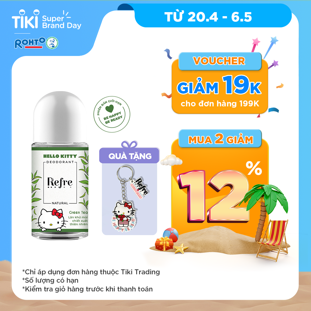 Lăn khử mùi Refre Natural Green Tea Hương Trà Xanh 40ml (Phiên bản Hello Kitty giới hạn) + Tặng móc khóa Hello Kitty xinh xắn