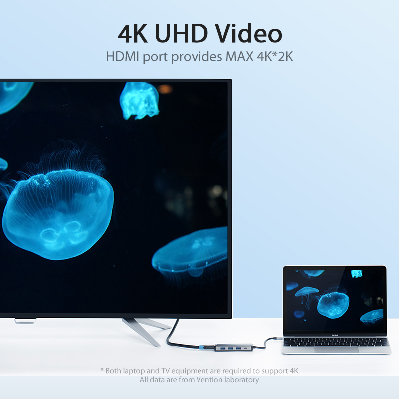 Cáp chuyển đổi Type-C sang HDMI + 3 cổng USB 3.0 + Type-C PD Vention CNBHB - hàng chính hãng