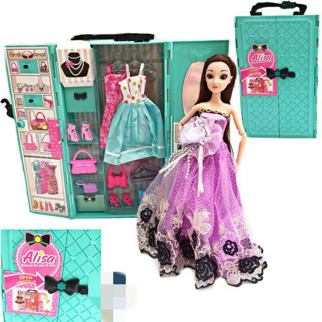 Bộ búp bê mắt ngọc kèm tủ váy vóc phụ kiện