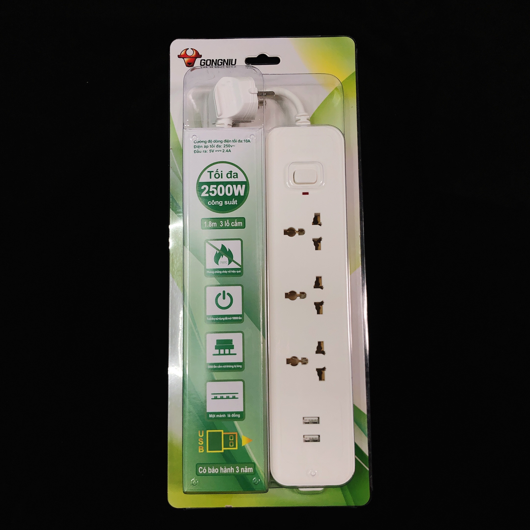 Ổ Cắm Điện Gongniu 3 Ổ Đa Năng + 2 USB 1 Công Tắc – Công Suất 10A/250/2500W – Trắng – Chính Hãng (N103U)