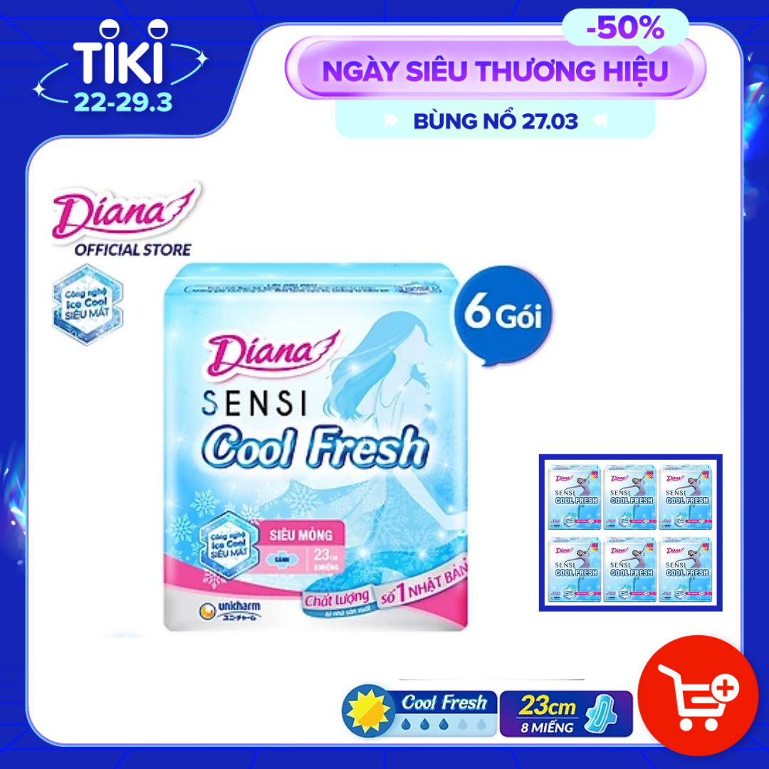 Bộ 6 Gói Băng Vệ Sinh Diana SenSi Cool Fresh Siêu Mỏng Cánh (8 Miếng/Gói)