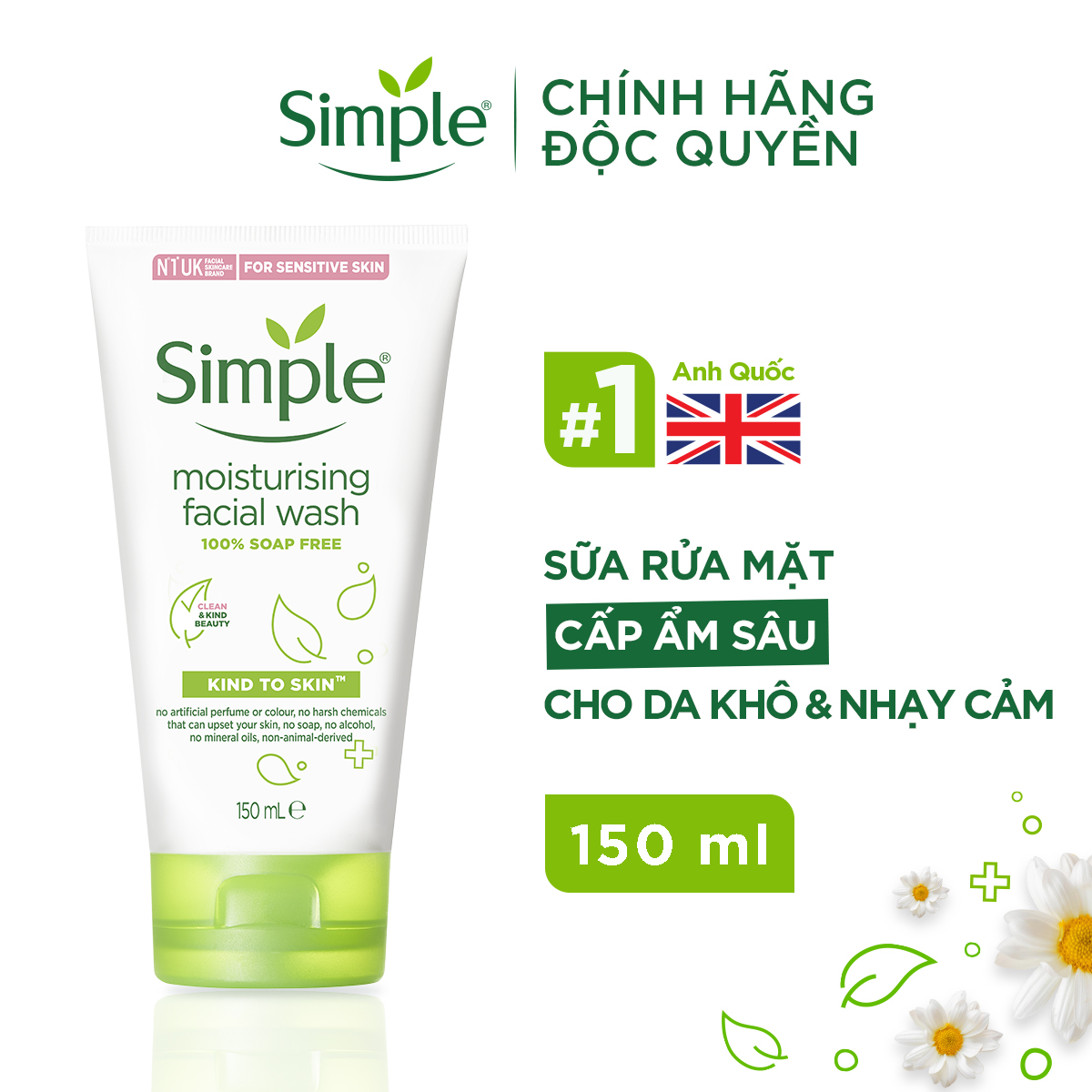 Sữa rửa mặt Simple giúp cấp ẩm, da trông khỏe và mịn màng - cho da khô nhạy cảm 150ml [CHÍNH HÃNG ĐỘC QUYỀN] [MỚI]