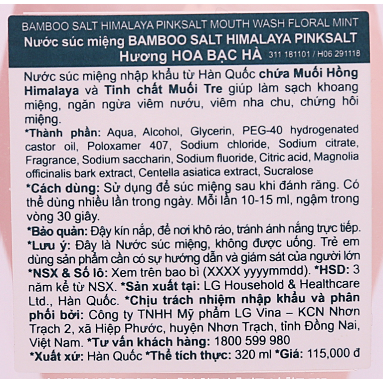 Nước súc miệng Bamboo Salt muối hồng himalaya 320ml (Bao Bì Mới)