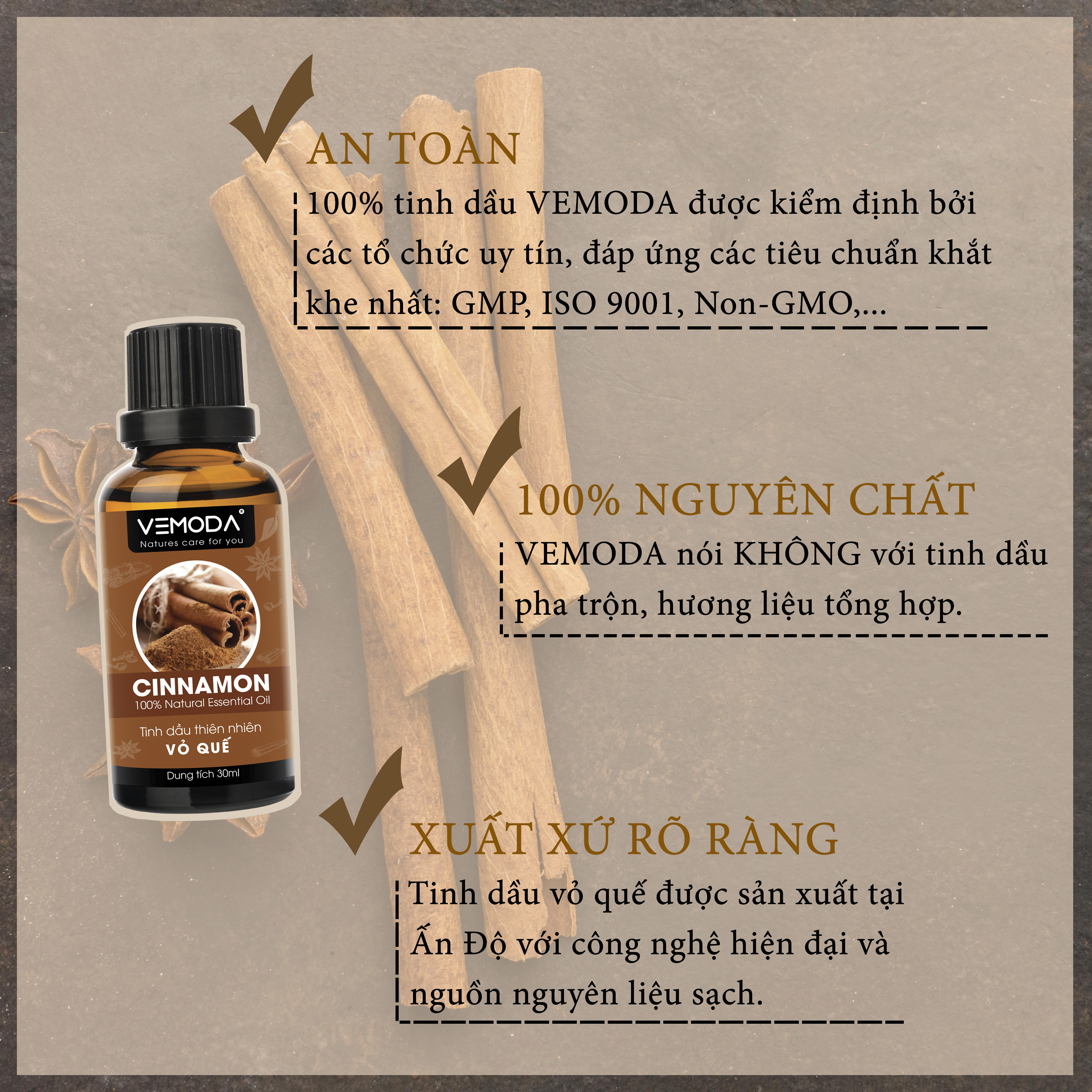 Tinh dầu Vỏ quế cao cấp 50ML Cinnamon. Tinh dầu xông phòng Vemoda giúp khử mùi, thư giãn, cải thiện giấc ngủ, trị cảm lạnh, giảm đau nhức, giảm mỡ bụng hiệu quả