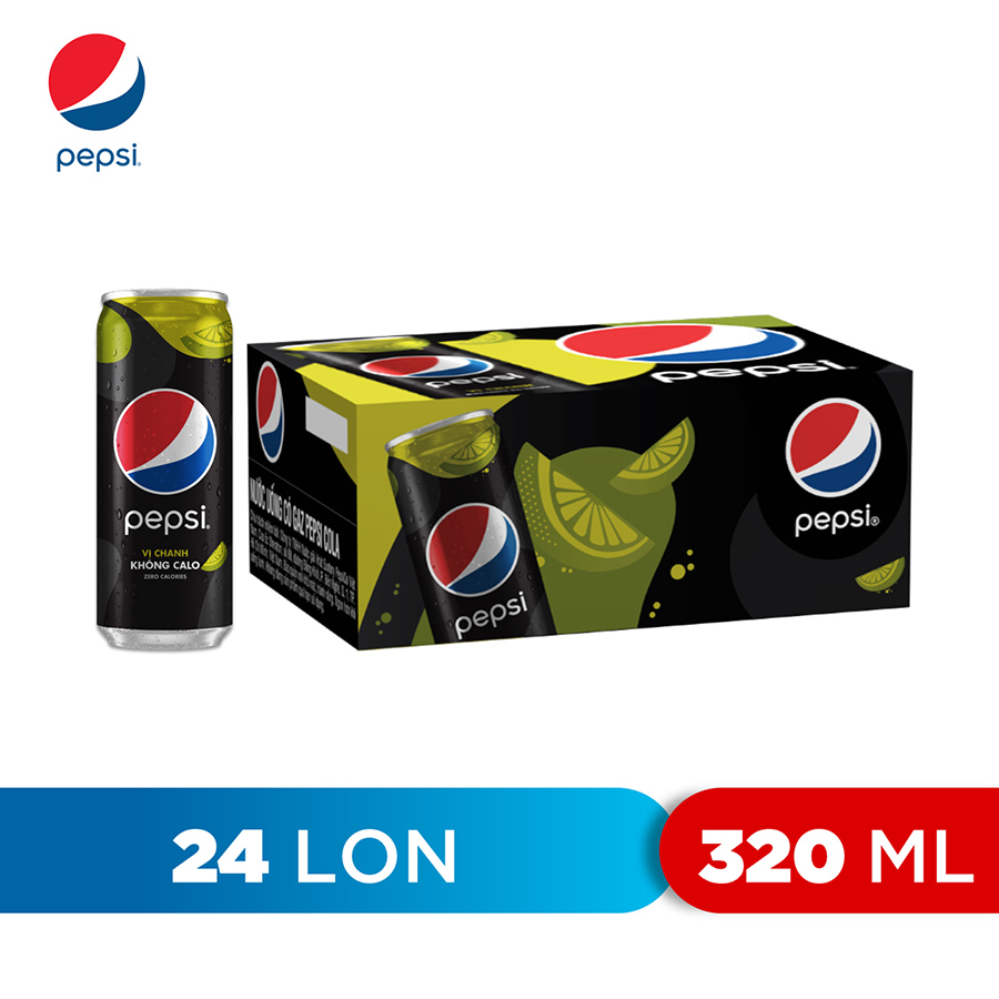 Thùng 24 Lon Nước Uống Có Gaz Pepsi Vị Chanh Không Calo (320ml/Lon)