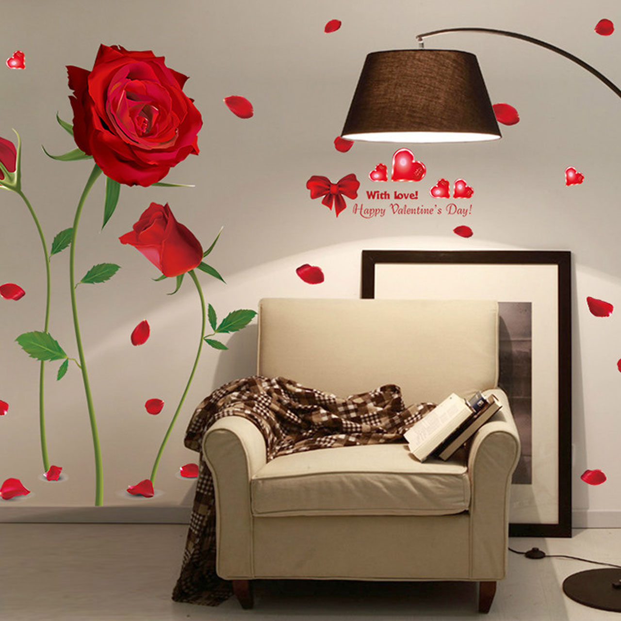 Decal dán tường trang trí phòng khách, phòng cưới-Hoa hồng đỏ 3 bông-mã sp XL8178