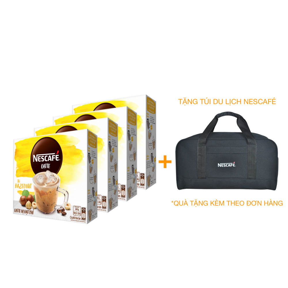 Combo 4 hộp cà phê hòa tan Nescafé Latte sữa hạt vị hạt phỉ (Hộp 10 gói x 24g) [Tặng túi du lịch - màu ngẫu nhiên]