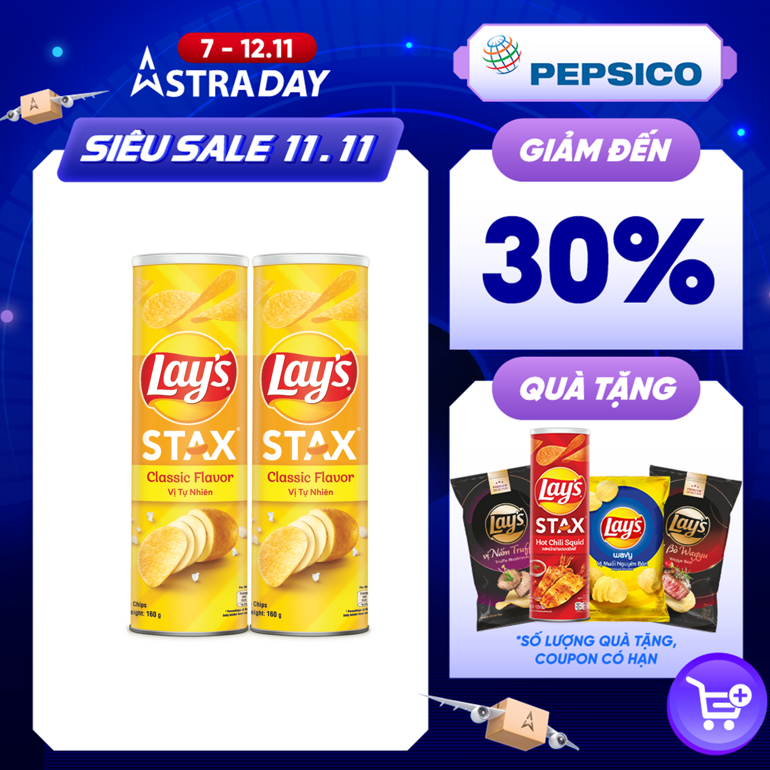 Combo 2 Bánh Snack Khoai Tây Ống Lay's Stax Khoai Tây Miếng Vị Tự Nhiên 160g (Size lớn) - Nhập khẩu từ Malaysia