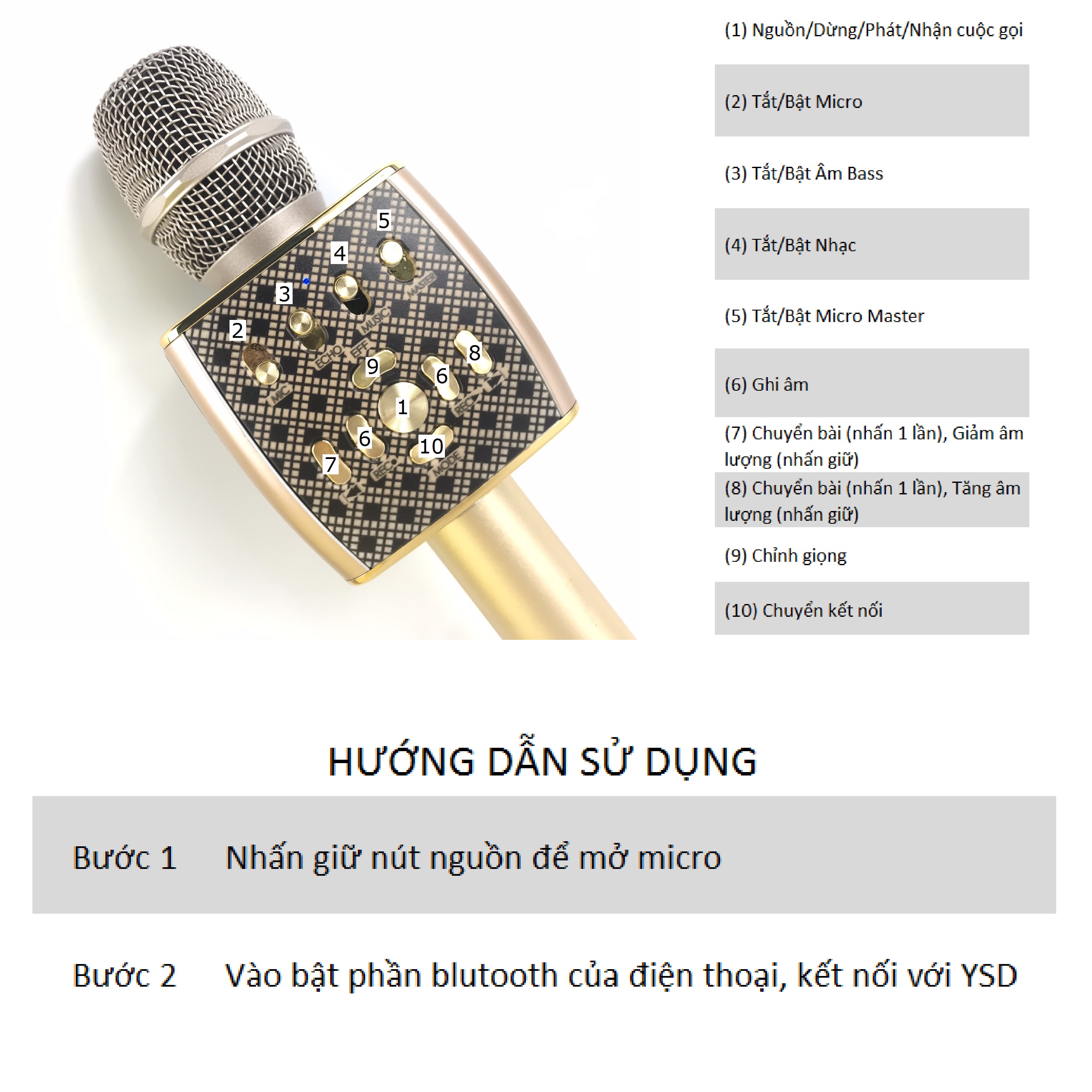 Micro Karaoke Bluetooth Cao Cấp GUTEK YS-95 Tích Hợp Loa Bass Không Dây Dùng Hát Tại Nhà Hoặc Livetream - Hàng Chính Hãng