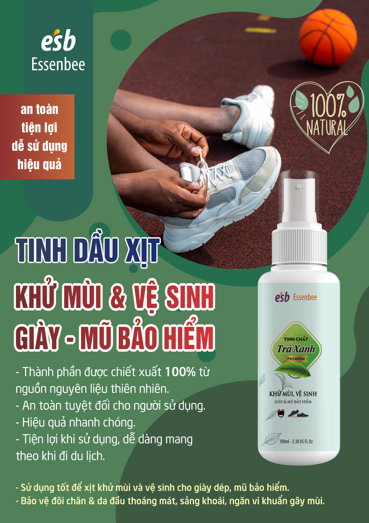 Chai xịt khử mùi giày Hương Trà Xanh - Essenbee - 100ml. Giúp vệ sinh và khử mùi giày dép hiệu quả.