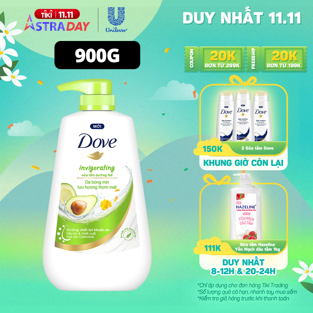 Sữa tắm dưỡng thể Dove Invigorating Da bóng mịn thơm mát với dầu bơ và hoa cúc Calendular 900g