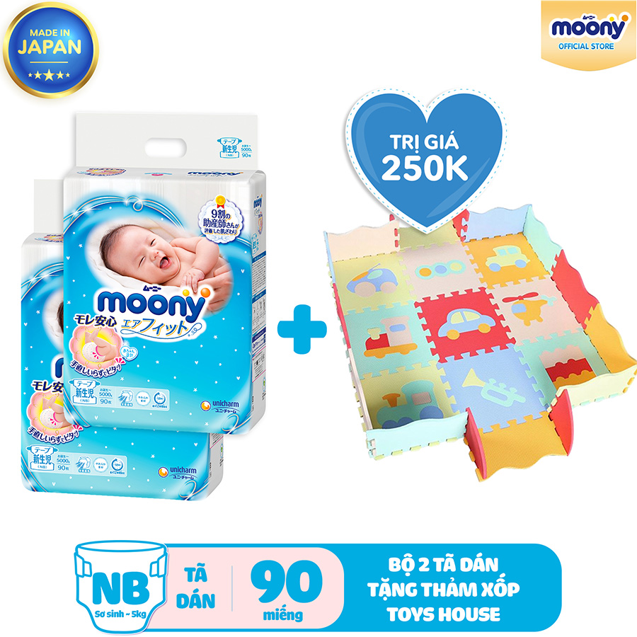 Combo 2 Gói Tã Dán Sơ Sinh Cao Cấp Moony Nhật Bản NB90 (90 Miếng) - Tặng 1 Thảm Xốp Quây