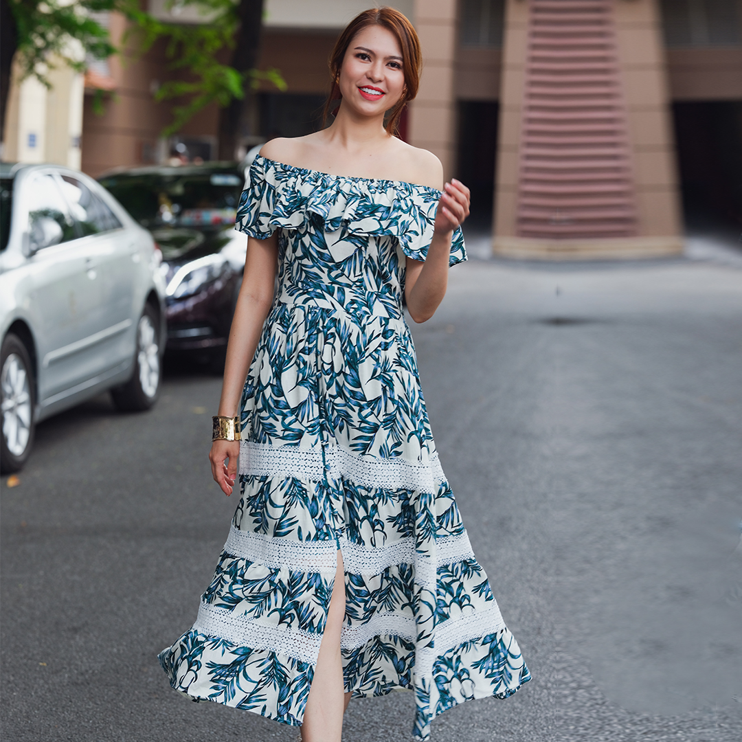 Đầm Maxi Hoa Đầm Dài Trễ Vai Thời trang thiết kế Hity DRE125