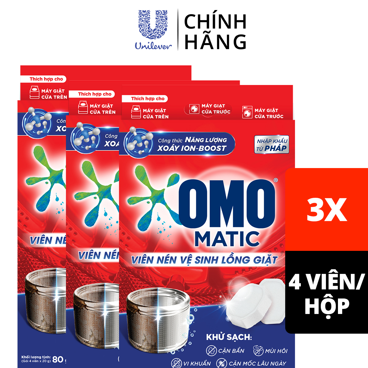 Combo 3 Hộp 4 Viên Nén Vệ Sinh Lồng Giặt OMO Matic 80gr