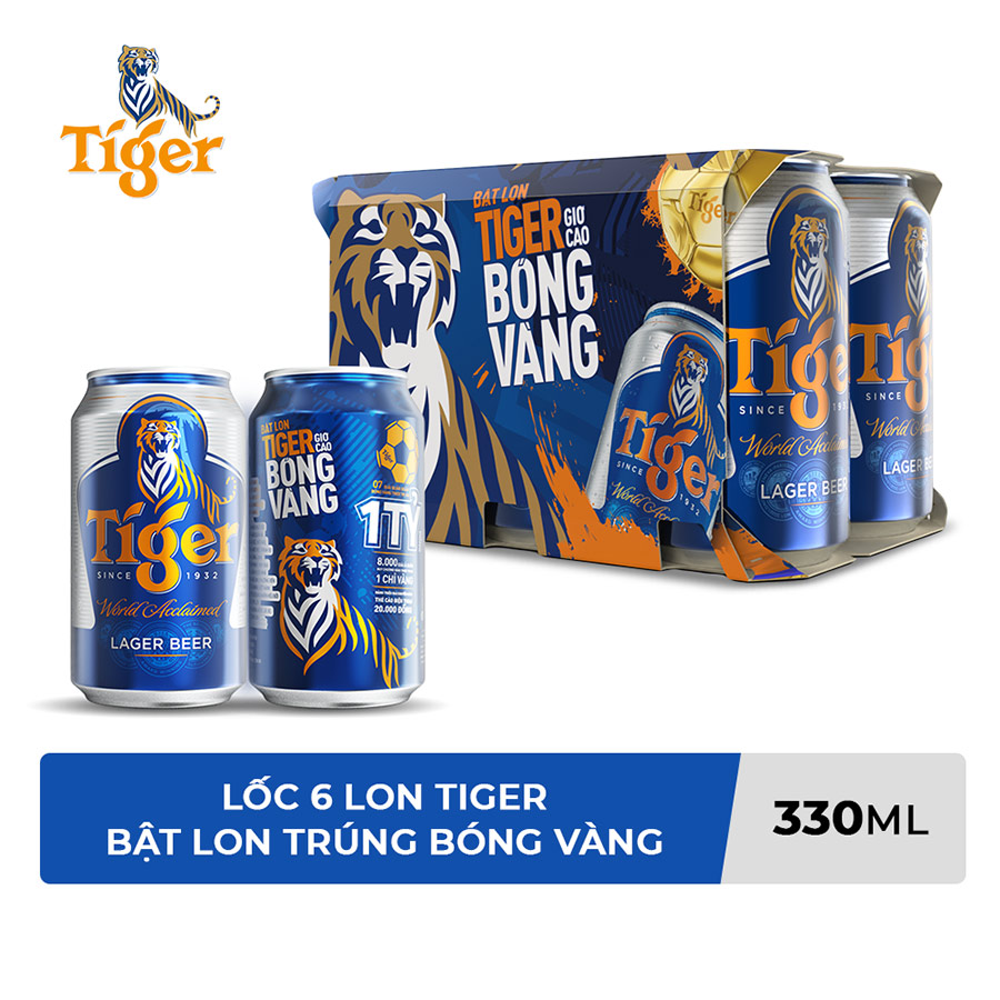 Lốc 6 Lon Tiger (330ml / Lon) (Bật lon Tiger giơ cao bóng vàng)