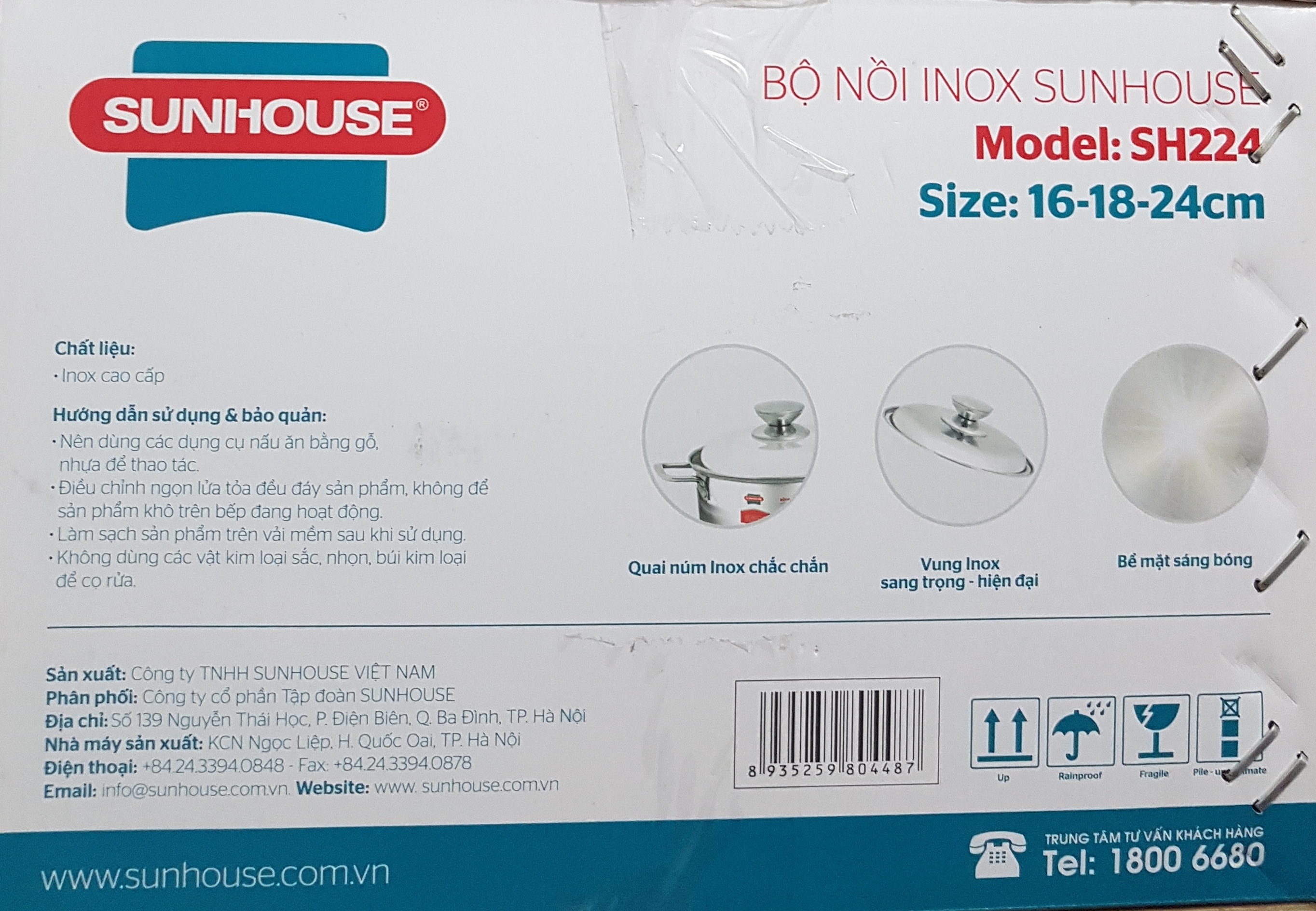 Bộ 3 Nồi Inox 1 Đáy Sunhouse SH224 Dùng Mọi Bếp (16-18-24cm) - Chính Hãng