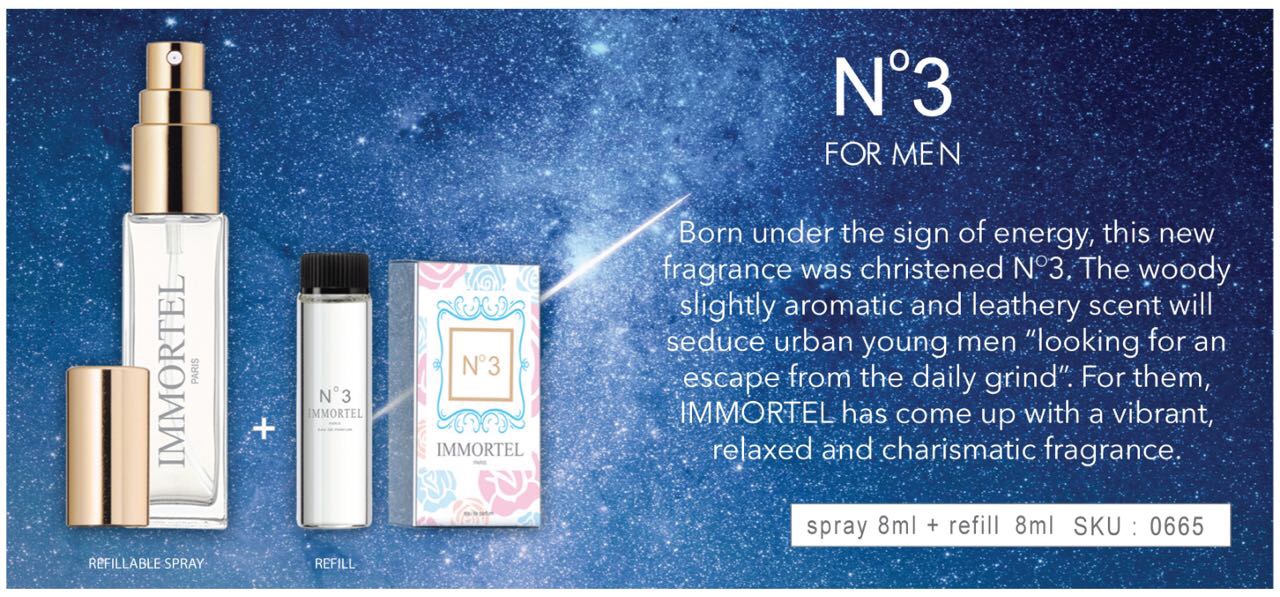 Nước Hoa Nam IMMORTEL PARIS No3 Eau De Perfume - Hương thơm ấm áp và lôi cuốn của gỗ đàn hương cùng với vẻ tinh khiết, bí ẩn của da thuộc- Kiểu dáng nhỏ gọn