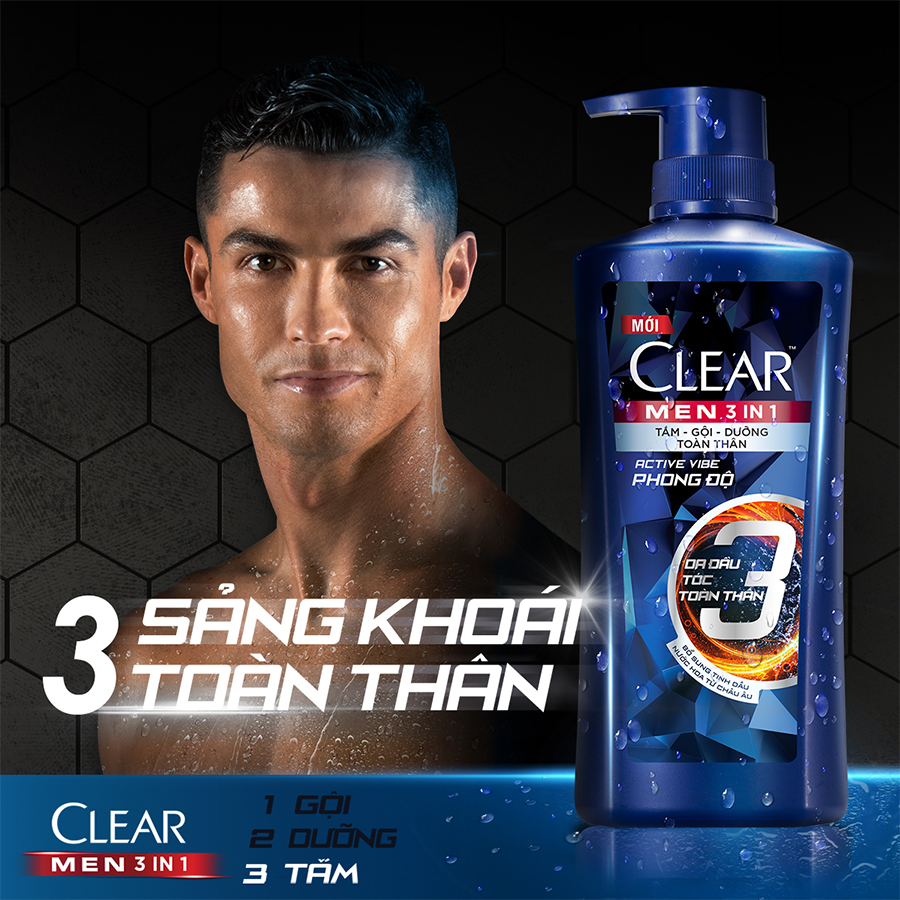 Dầu Tắm - Gội - Dưỡng Phong Độ 3 trong 1 cho nam 630g Clear Men Active Vibe Phong Độ bổ sung hương nước hoa từ châu Âu