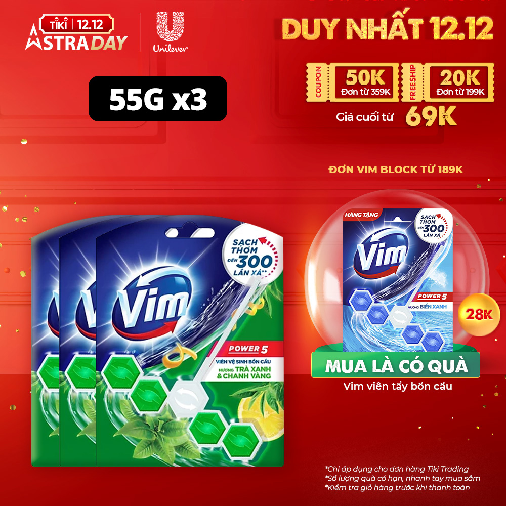 Combo 3 Viên Tẩy Bồn Cầu VIM Power 5 Hương Trà Xanh Chanh Vàng 55G