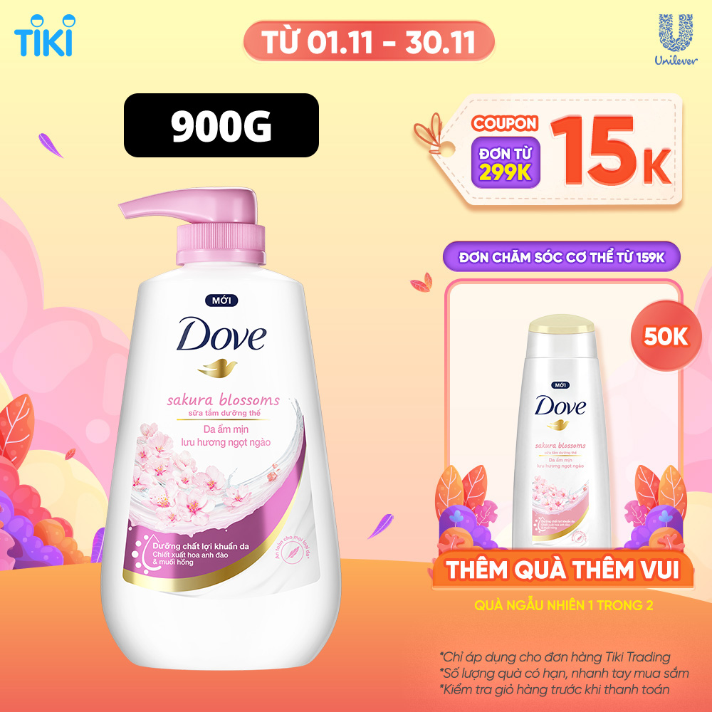 Sữa tắm dưỡng thể Dove Sakura Blossoms Da mềm mịn hương hoa với hương hoa anh đào &amp; muối hồng 900g