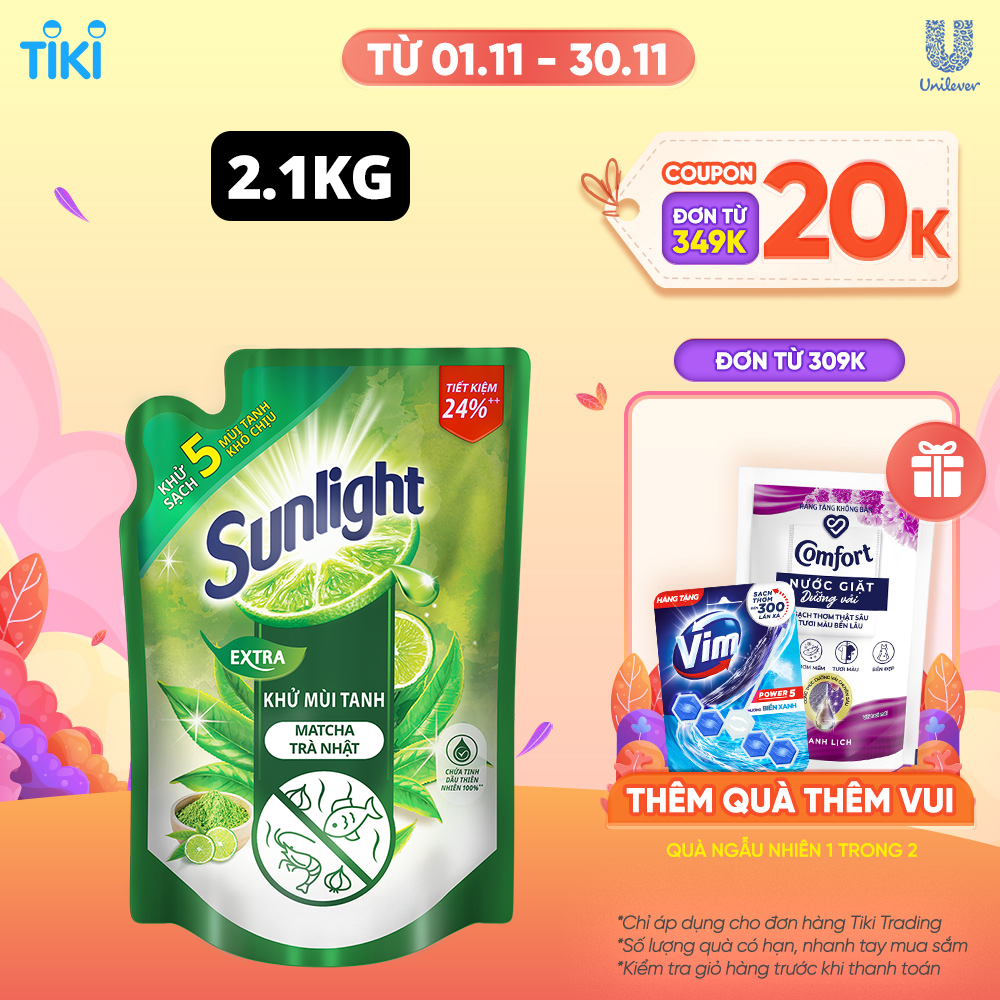 Nước Rửa Chén Sunlight Khử mùi tanh Matcha Trà Nhật túi 2.1kg