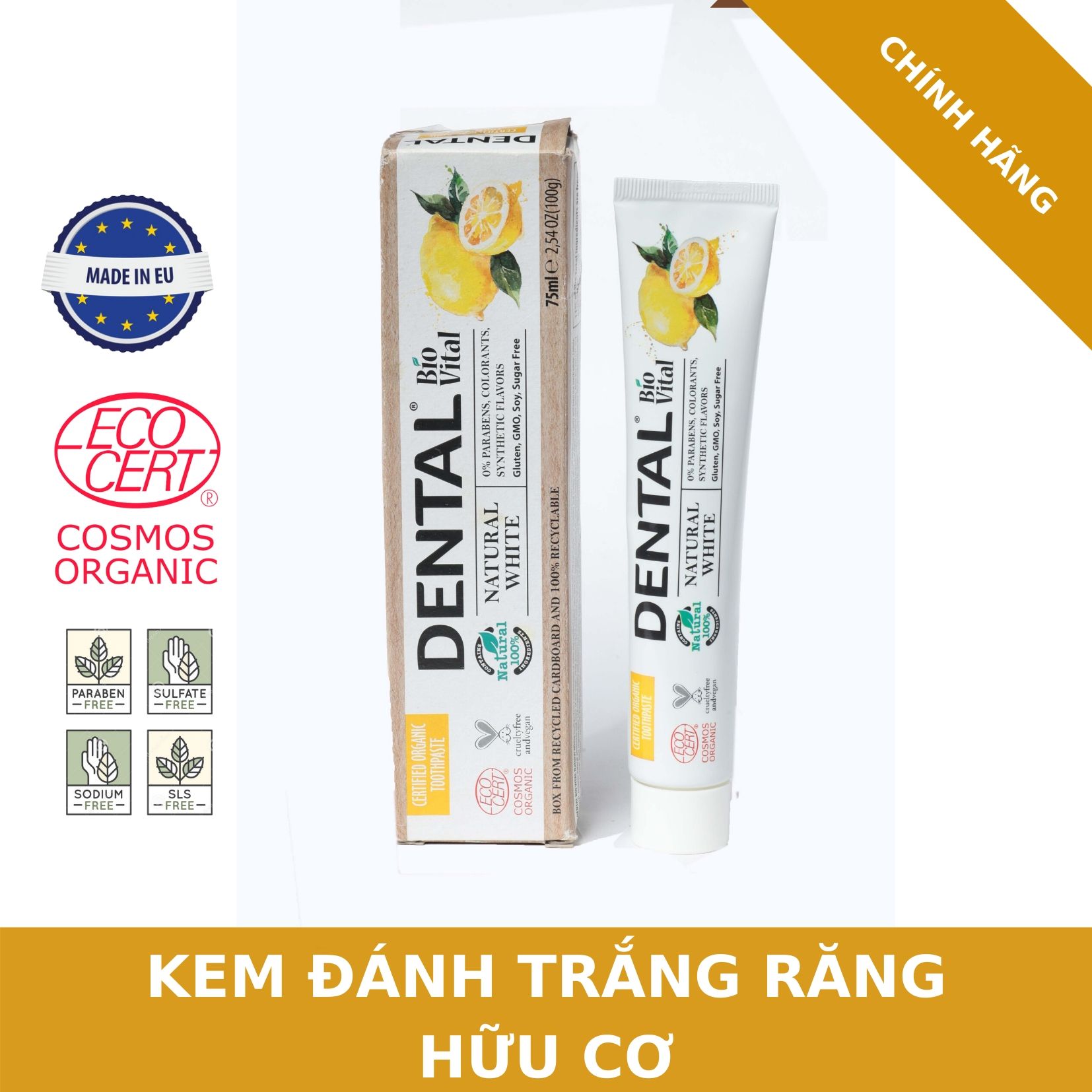 Kem Đánh Răng Organic Trắng Sáng Chiết Xuất Chanh Sinh Học Dental Bio Vital Natural White - Hàng Hữu Cơ Nhập Khẩu