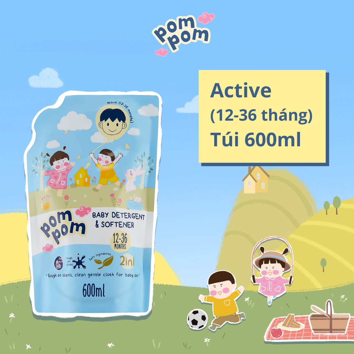 Nước Giặt Xả Pom Pom Active chuyên biệt dành cho bé năng động (12 – 36 tháng) - Túi 600ml