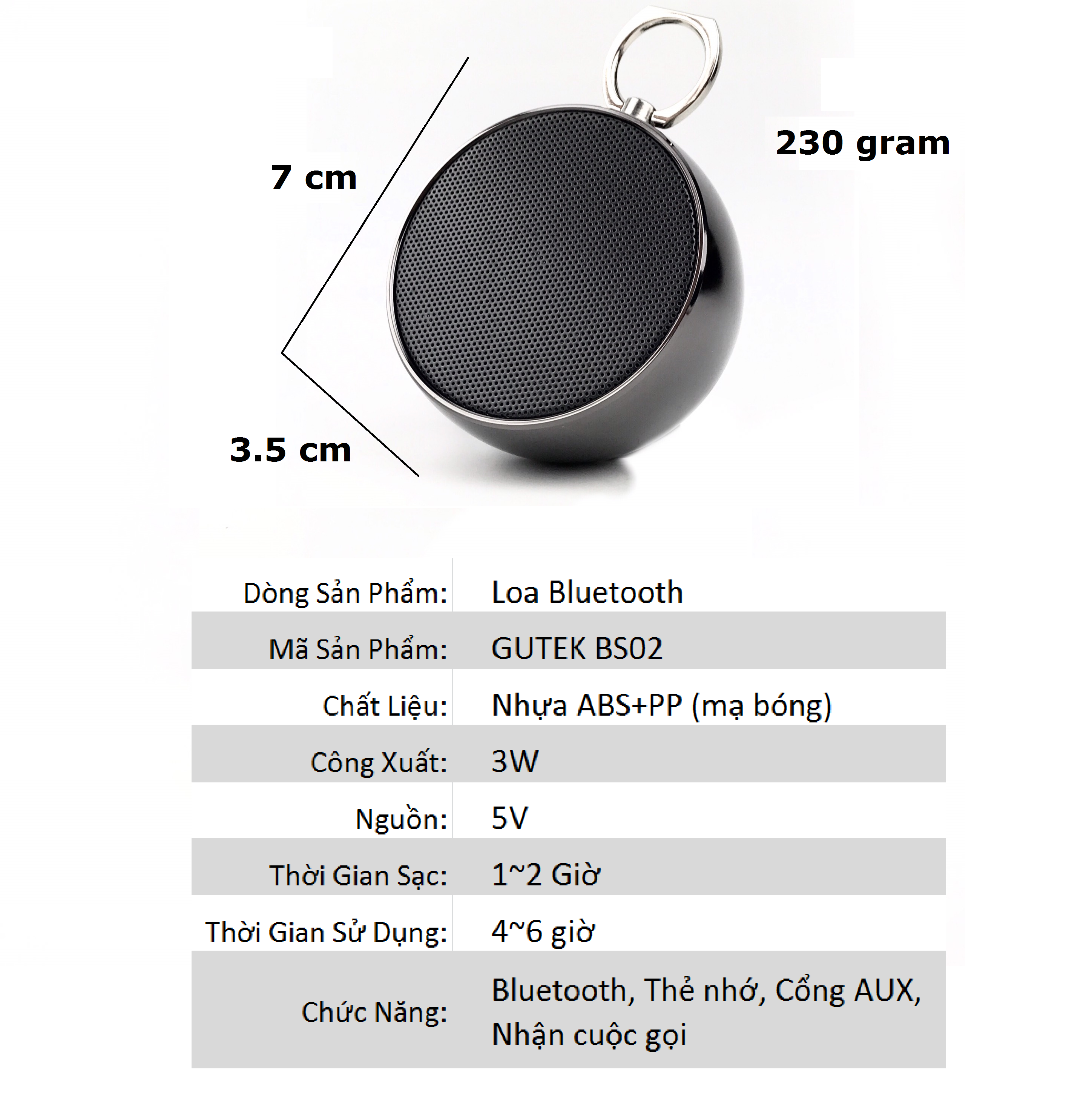 Loa Bluetooth Mini GUTEK BS-02 Vỏ Kim Loại,  Nghe Nhạc Cầm Tay Không Dây, Âm Thanh Chất Lượng Bass Cực Hay, Có Móc Treo Tiện Lợi (Có Khe Cắm Thẻ Nhớ, Cổng 3.5, Nhiều Màu Sắc) - Hàng Chính Hãng