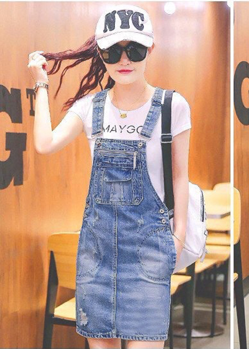 Đầm Yếm Jean Nữ Wash Cào Phối Túi Đáng Yêu