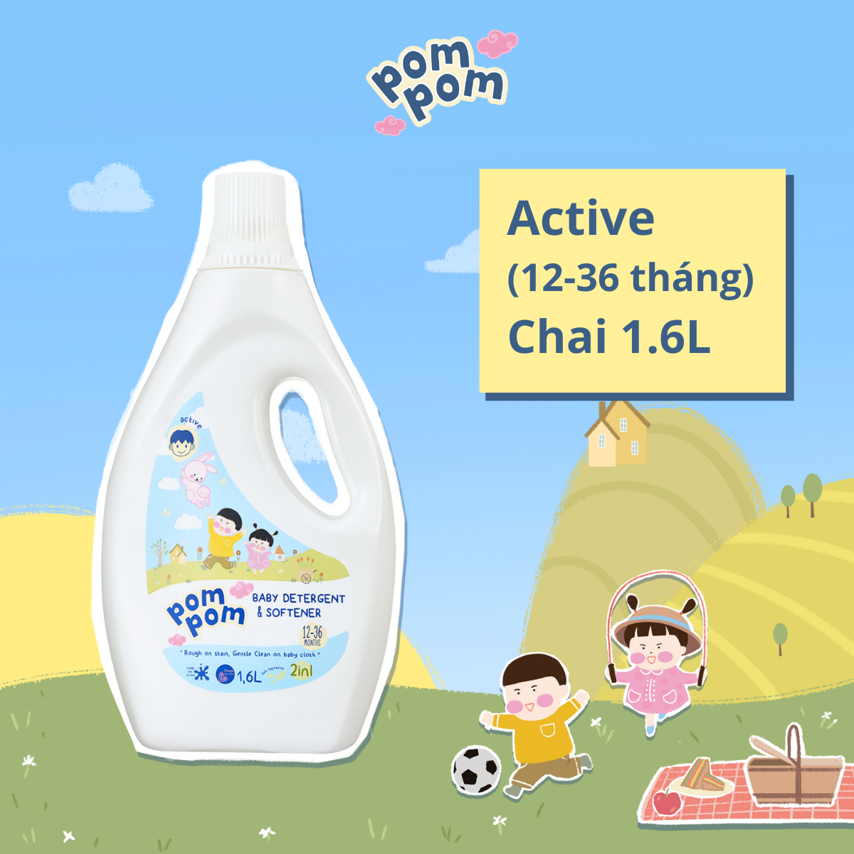 Nước Giặt Xả Pom Pom chuyên biệt dành cho bé năng động (12 – 36 tháng) - Chai 1,6L