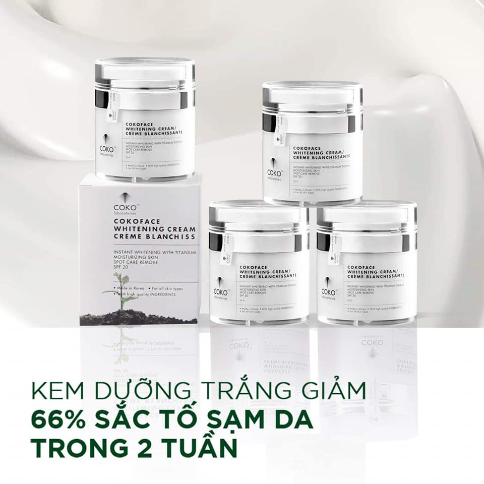 Kem Trang Điểm Dưỡng Trắng Da Thiên Nhiên COKO Face Whitening Cream (50g) – Tone Up Cream Dưỡng Ẩm Ngày &amp; Đêm Chống Nắng SPF 20, Giảm Thâm Nám Và Ngăn Ngừa Lão Hoá Cho Da Trắng Sáng Tự Nhiên – Hàng Chính Hãng