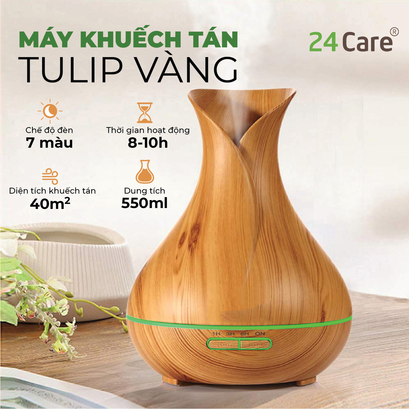 Máy khuếch tán Tinh Dầu 24Care Tulip màu Vàng Ultrasonic 500ml, Tặng 2 Chai Tinh dầu Sả Chanh + 1 chai Oải Hương 24Care 10ml | Xông Phòng | Kèm Remote Điều Khiển |Công nghệ siêu âm.