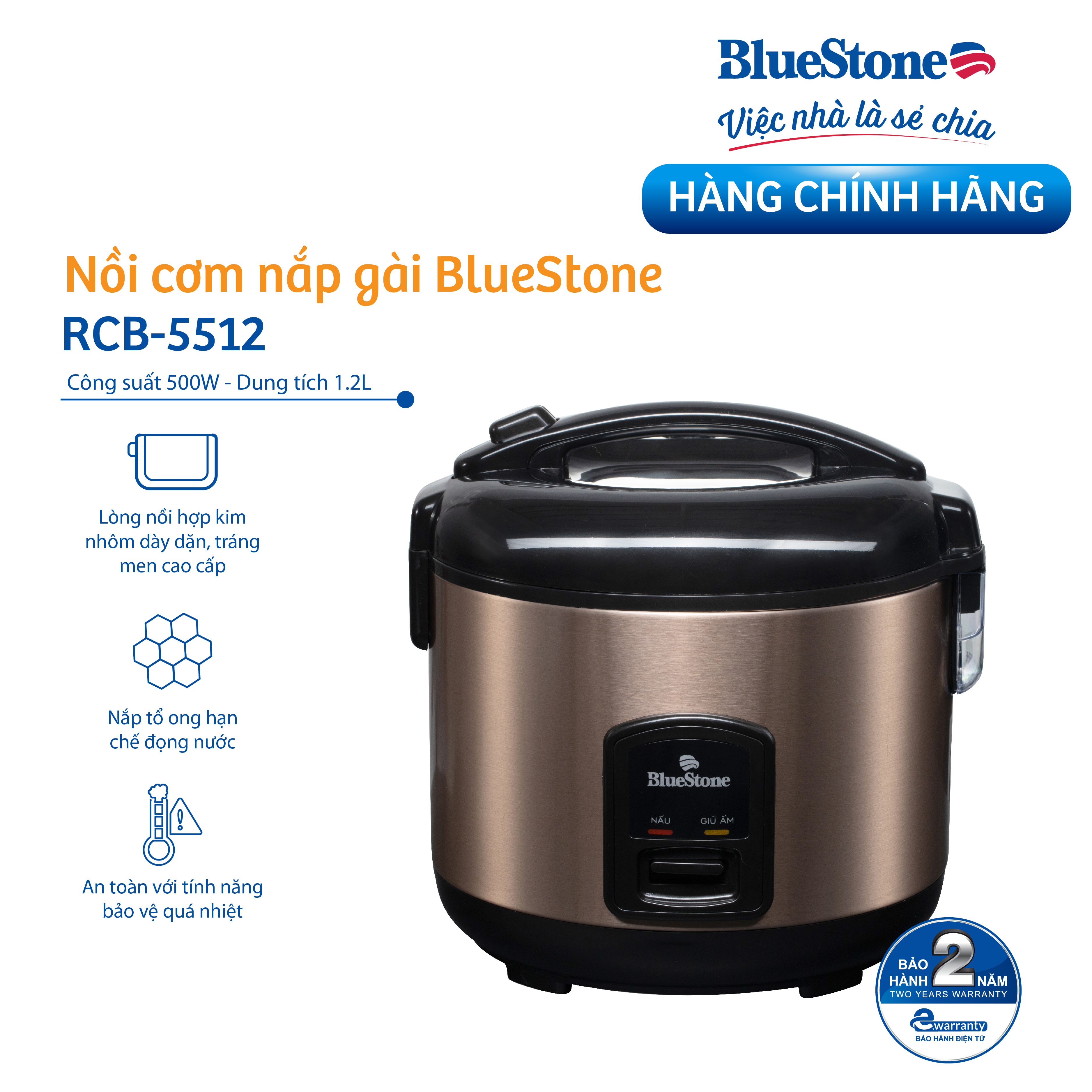 Nồi cơm điện Bluestone RCB-5512 1.2L - Bảo hành điện tử 2 Năm - Hàng chính hãng