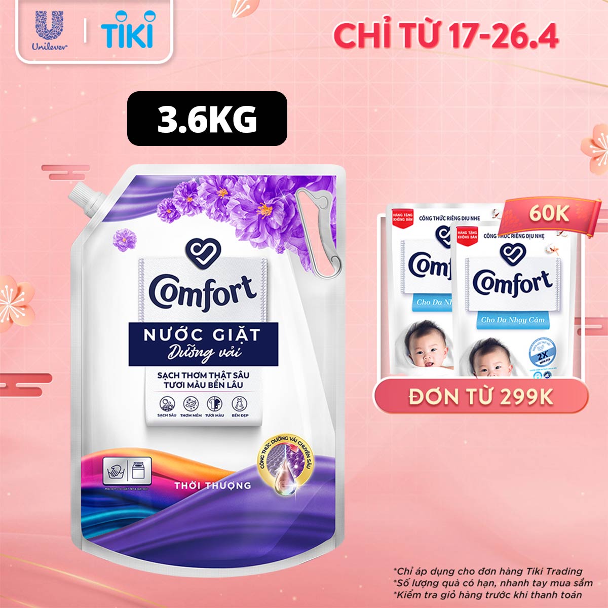 Nước giặt dưỡng vải Comfort Nước giặt xả đa chức năng hương Thời Thượng giúp quần áo sạch thơm &amp; tươi màu Túi 3.8kg