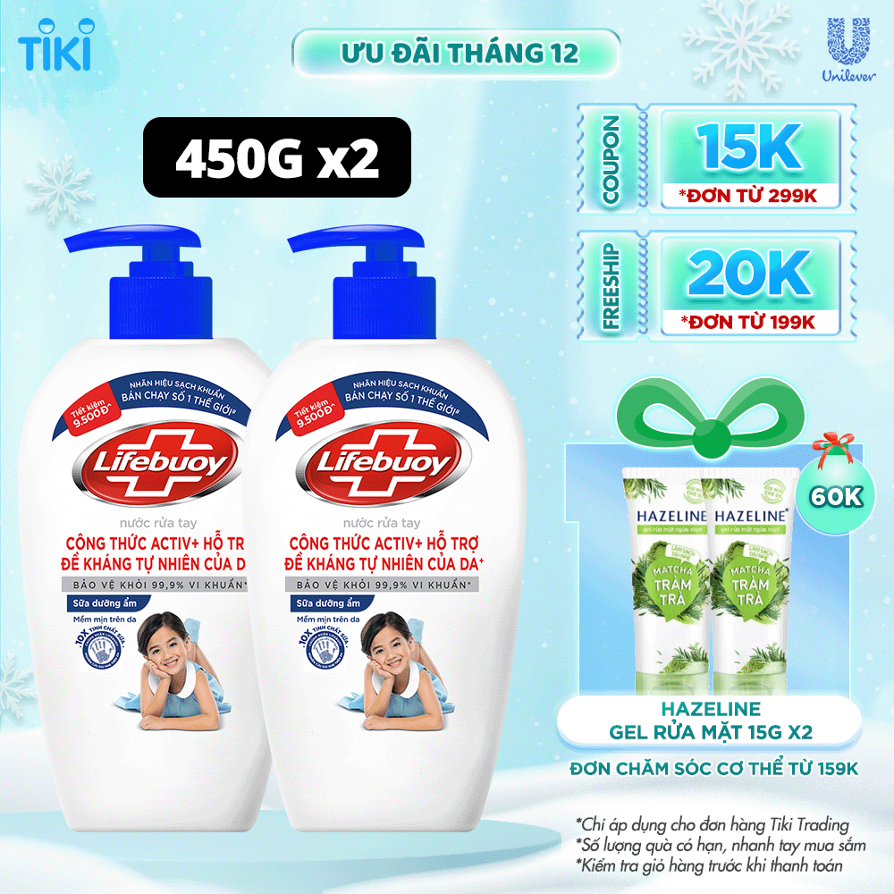 Combo 2 Nước Rửa Tay Lifebuoy Chăm Sóc Da Giúp Dưỡng ẩm Mềm Mại Và Bảo Vệ Khỏi 99.9% Vi Khuẩn Trên Tay Chai 450G